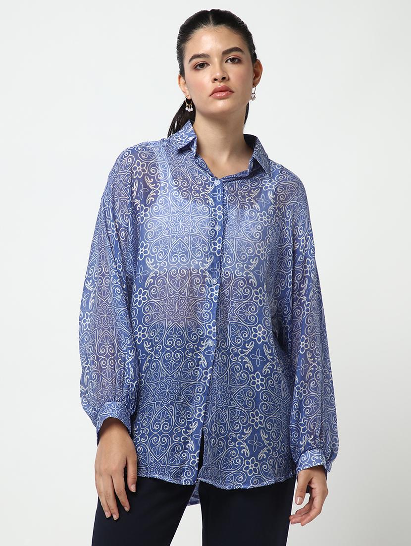 women printed collared oversized shirt - 21643307 -  Zoom Image - 0