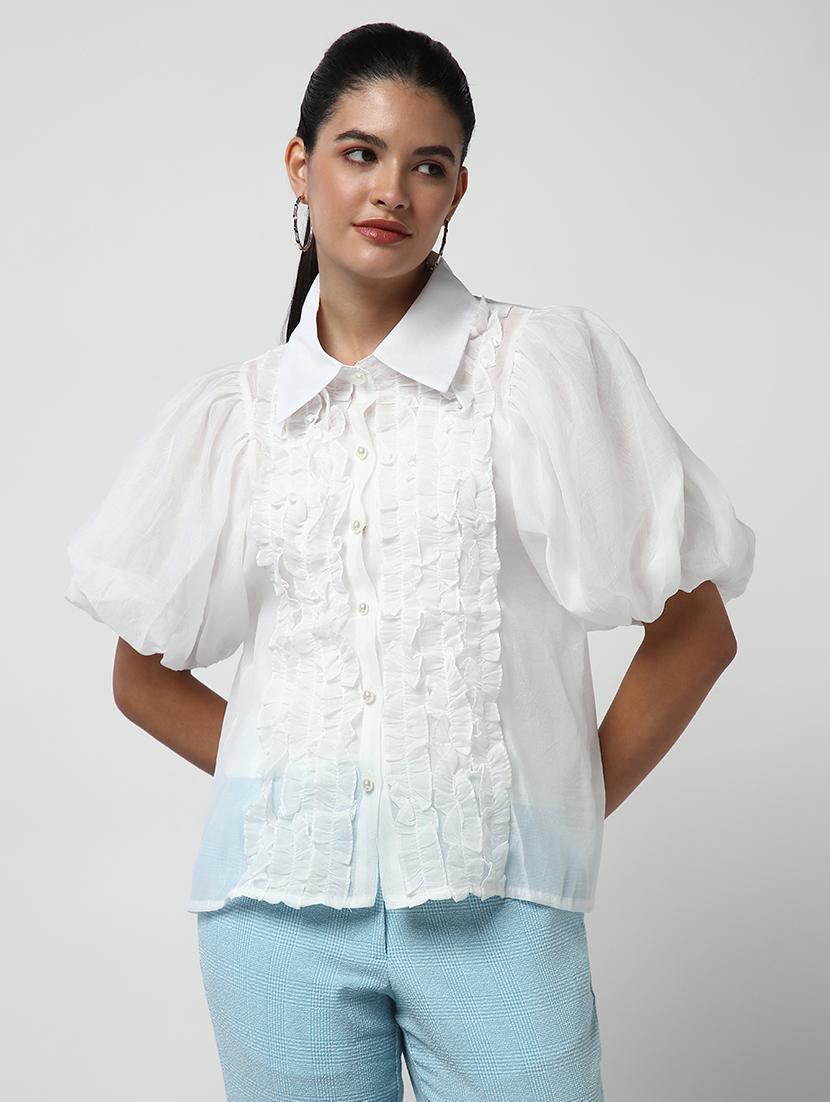 women solid collared puff sleeves shirt - 21643308 -  Zoom Image - 0