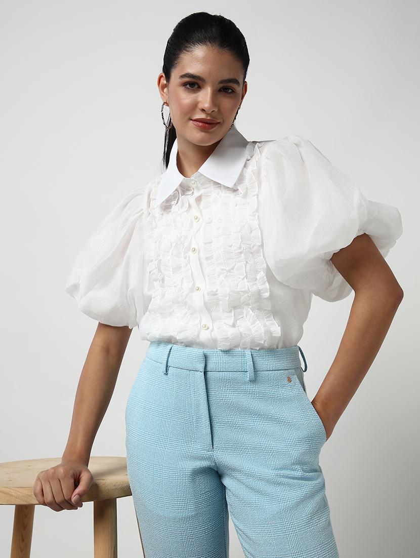 women solid collared puff sleeves shirt - 21643308 -  Standard Image - 1