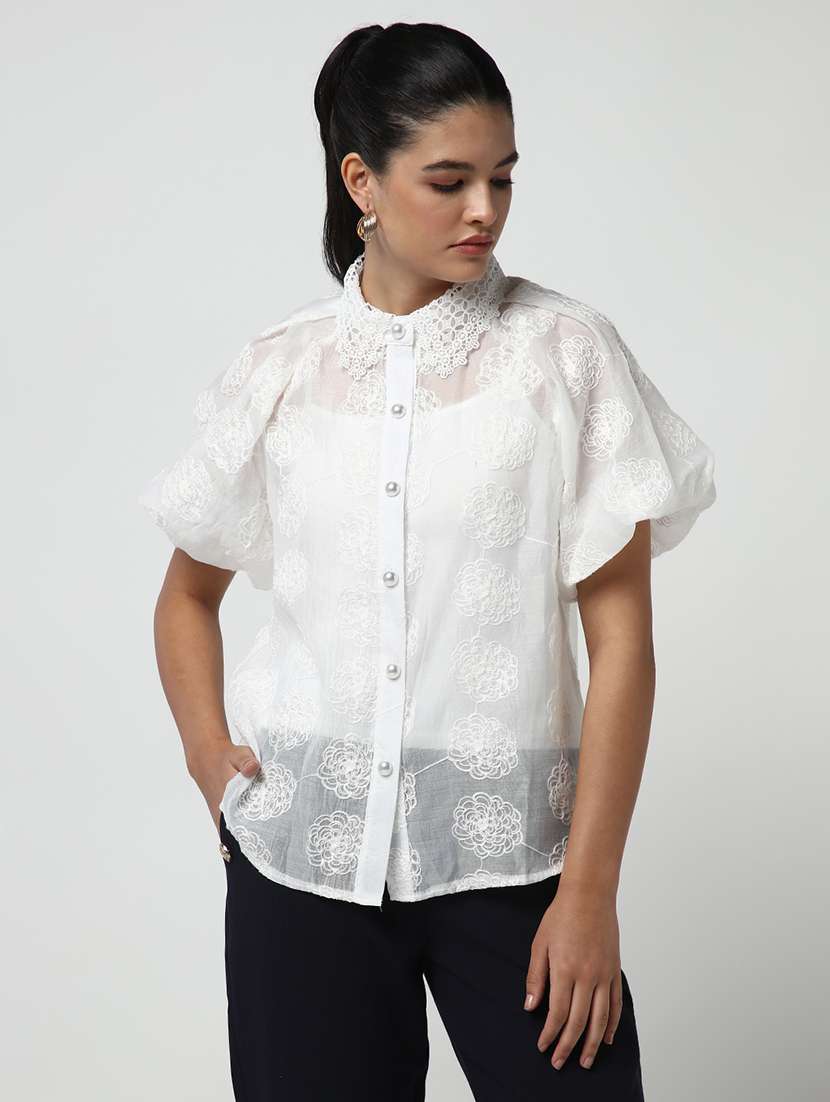 women lace deatiled collared puff sleeves shirt with slip