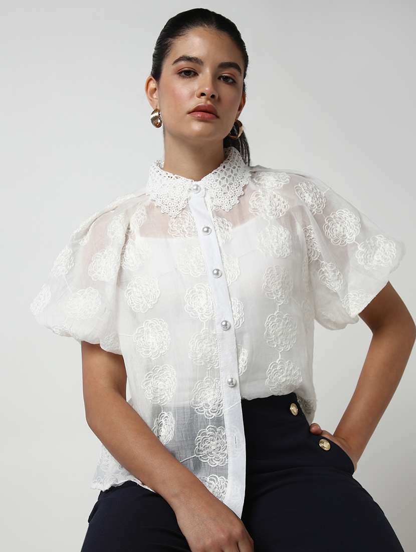 women lace deatiled collared puff sleeves shirt with slip - 21643309 -  Standard Image - 1