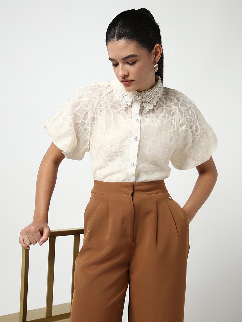 women lace deatiled collared puff sleeves shirt with slip - 21643312 - Standard Image - 1