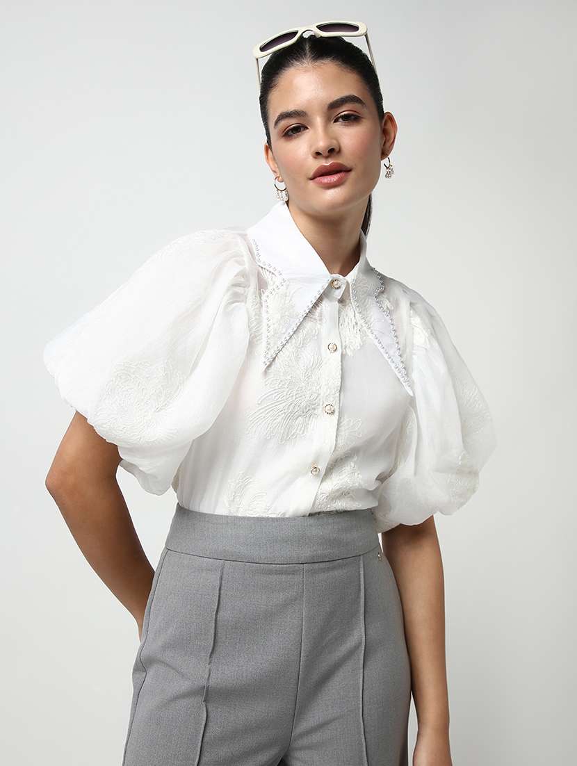 women embroidered collared puff sleeves shirt with slip - 21643315 -  Standard Image - 1