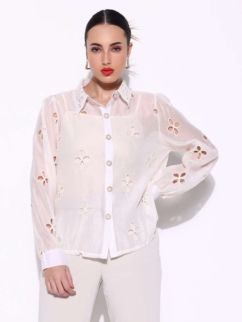 women lace deatiled collared puff sleeves shirt with slip