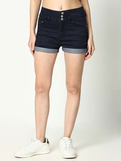 women solid mid rise denim short - 21643323 - Standard Image - 0
