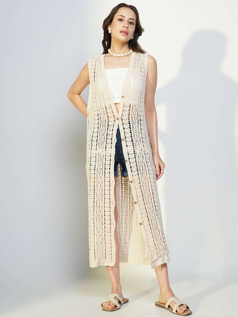 women crochet detailed sleeveless long shrug