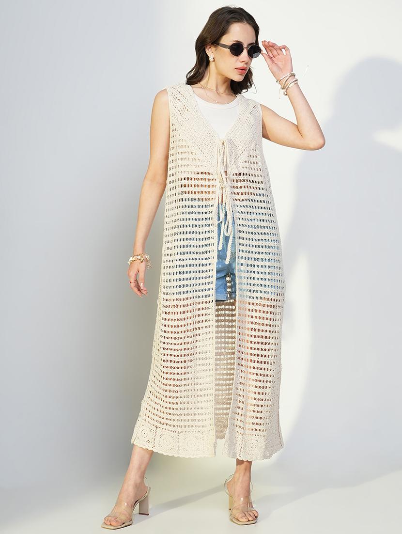 women crochet detailed sleeveless long shrug - 21643329 -  Zoom Image - 0