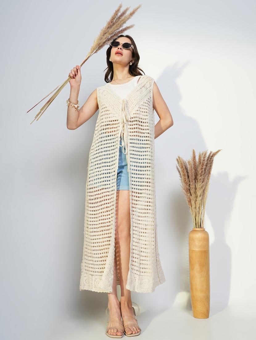 women crochet detailed sleeveless long shrug - 21643329 -  Standard Image - 1