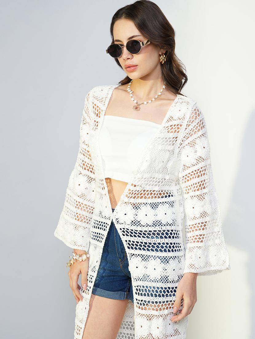 women lace detailed sleeveless long shrug - 21643336 -  Standard Image - 1