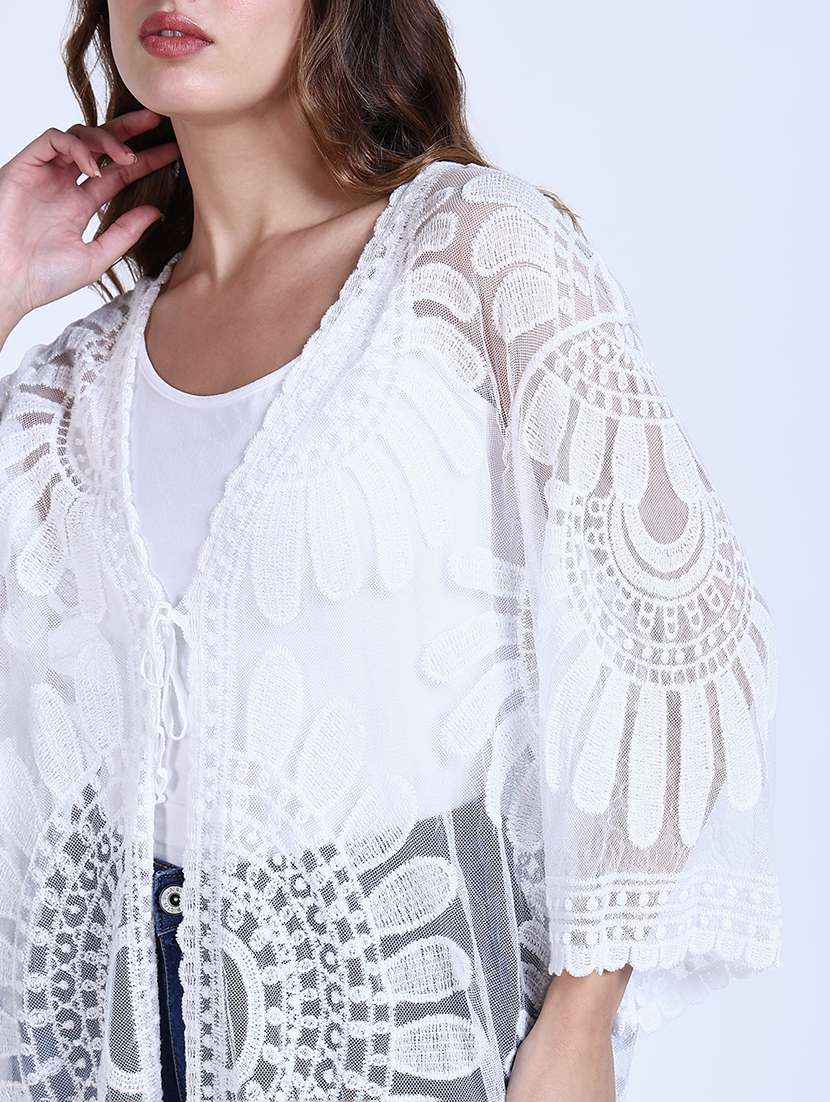 women lace detailed sleeveless long shrug - 21643339 -  Standard Image - 6