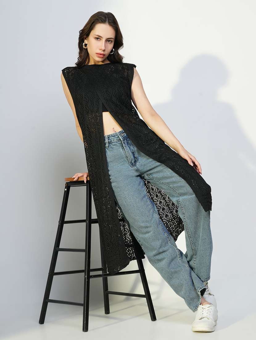 women crochet detailed sleeveless long shrug - 21643341 -  Standard Image - 1