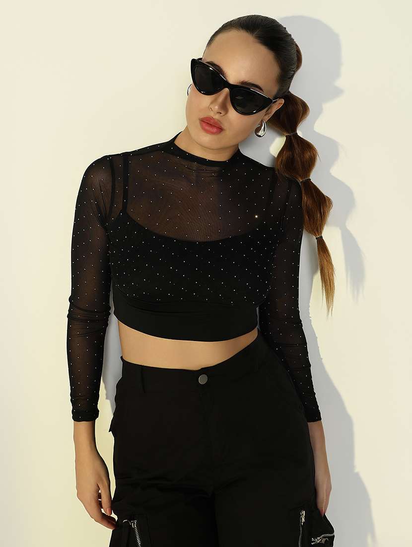 women black long sleeve crop top - 21643370 -  Standard Image - 1