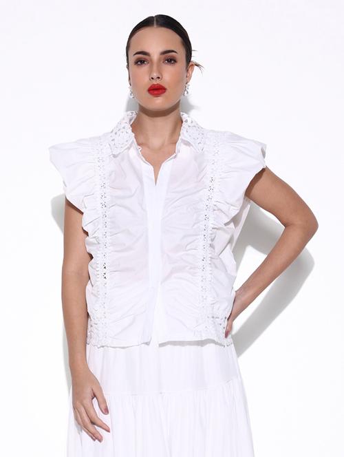 women solid lace detailed ruffled top - 21643379 - Standard Image - 0