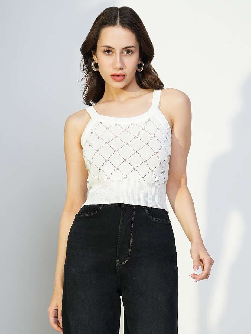 women white embellished shoulder strap neck top