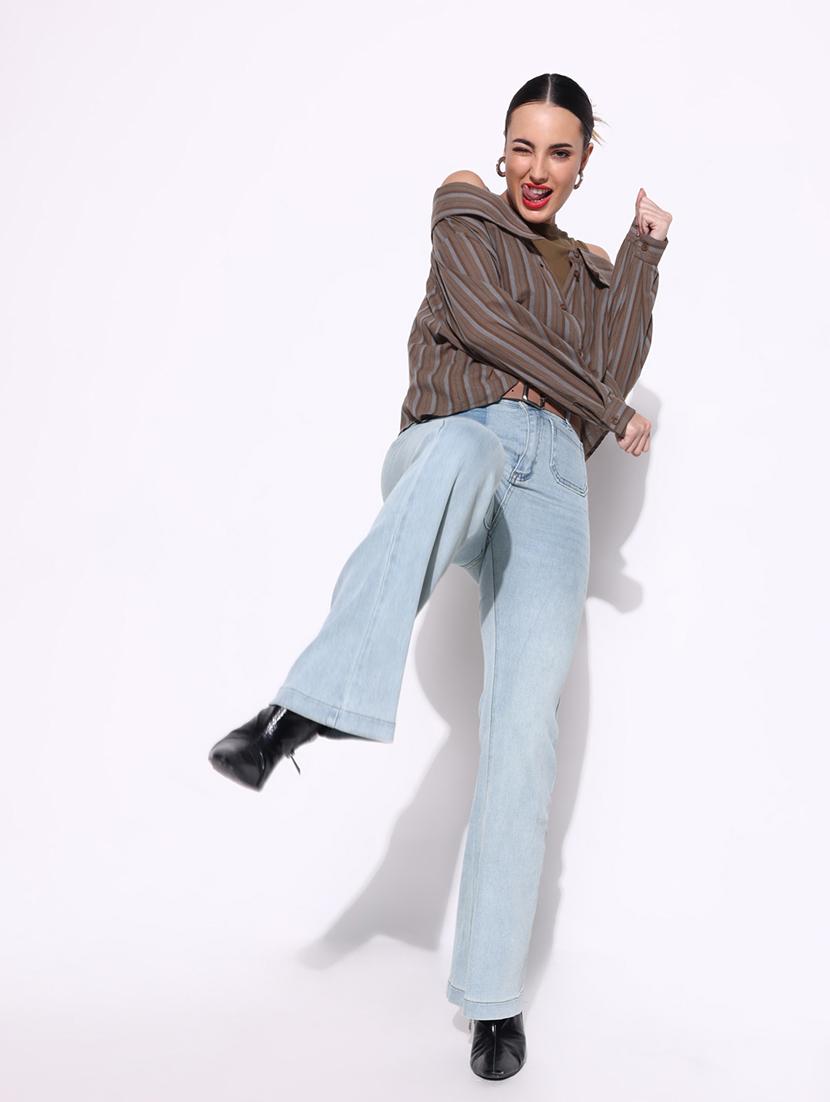 women brown stripes long sleeve shirt top - 21643402 - Standard Image - 4