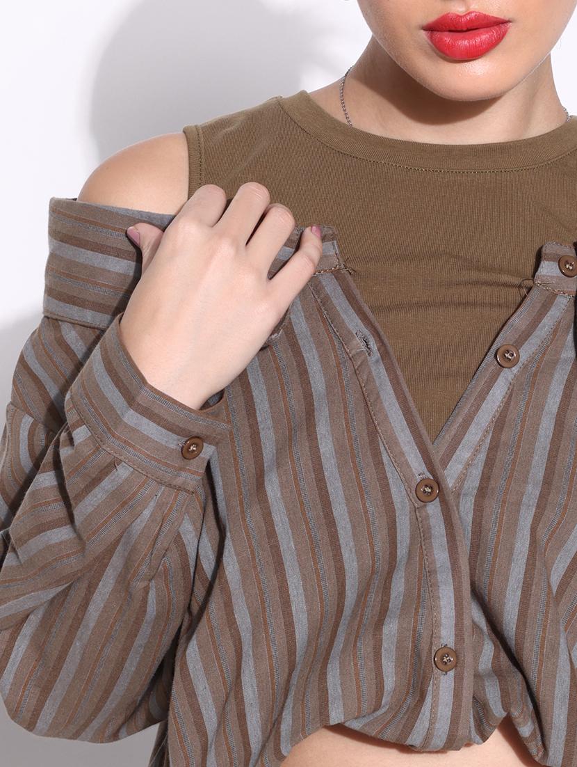 women brown stripes long sleeve shirt top - 21643402 - Standard Image - 6
