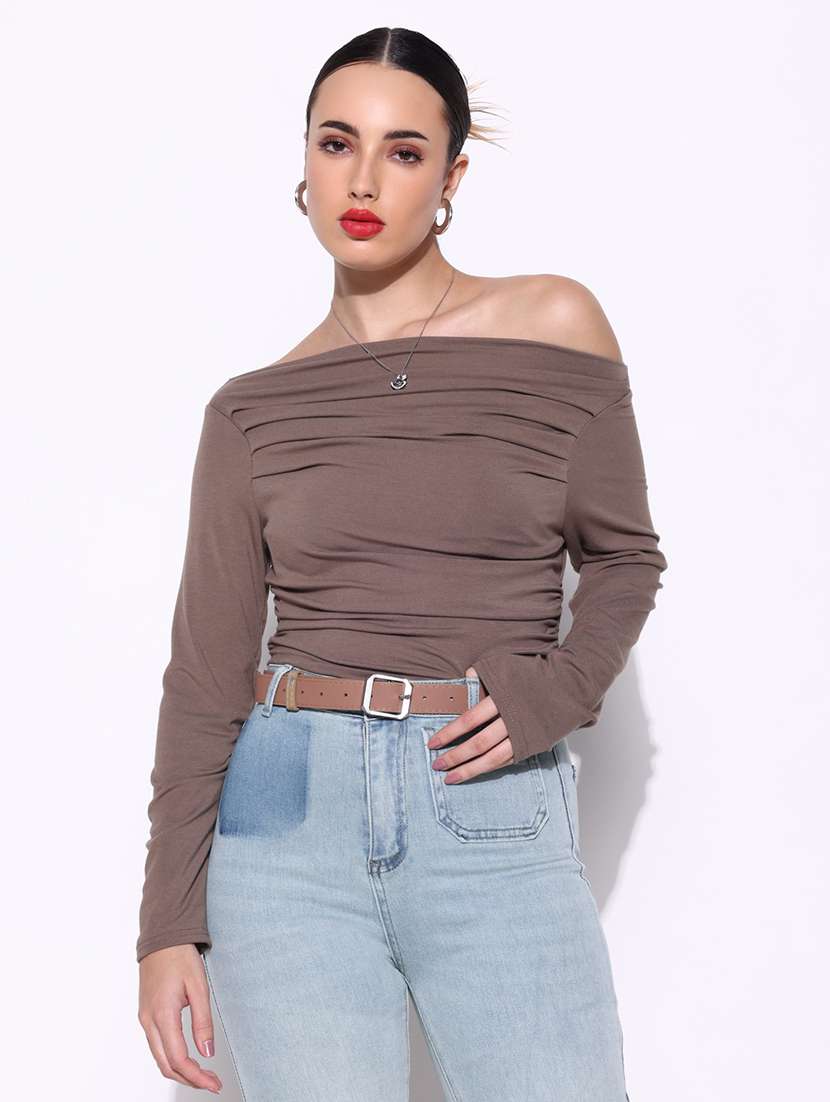 women solid off shoulder long sleeves top
