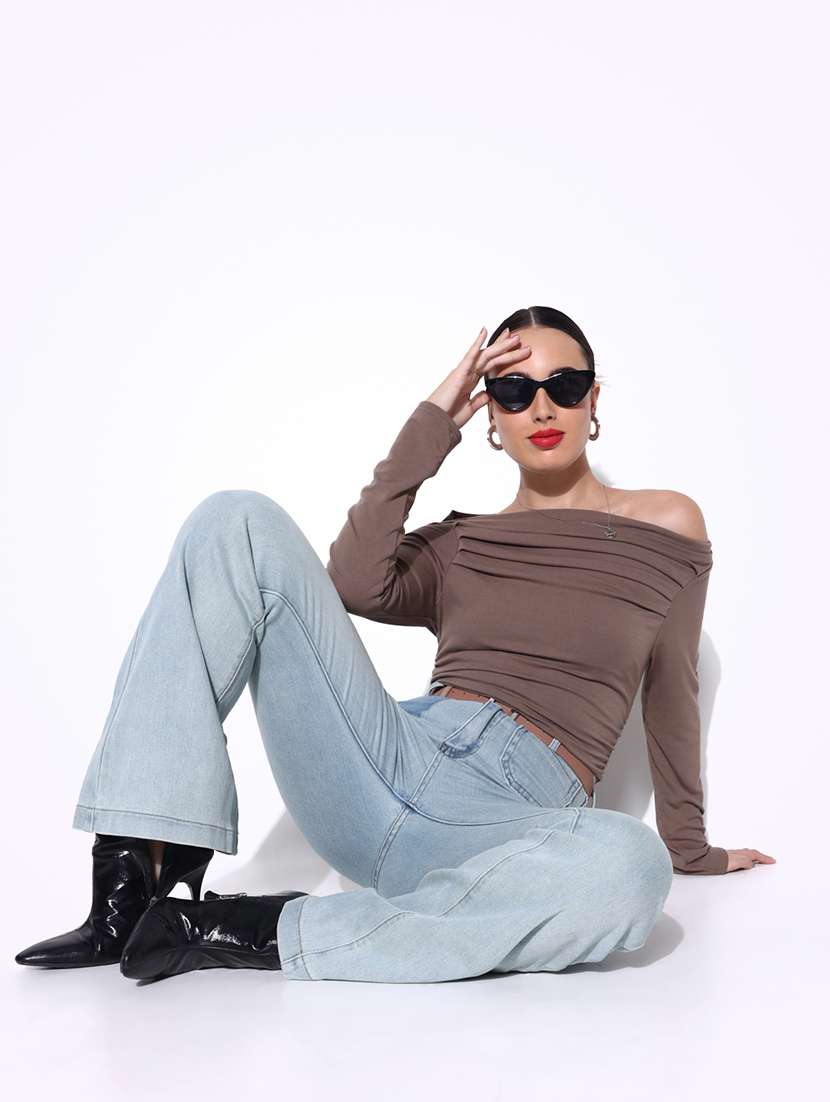 women solid off shoulder long sleeves top - 21643409 -  Standard Image - 1