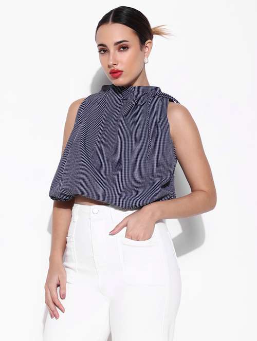 women blue checks sleeveless blouson top - 21643411 -  Standard Image - 0