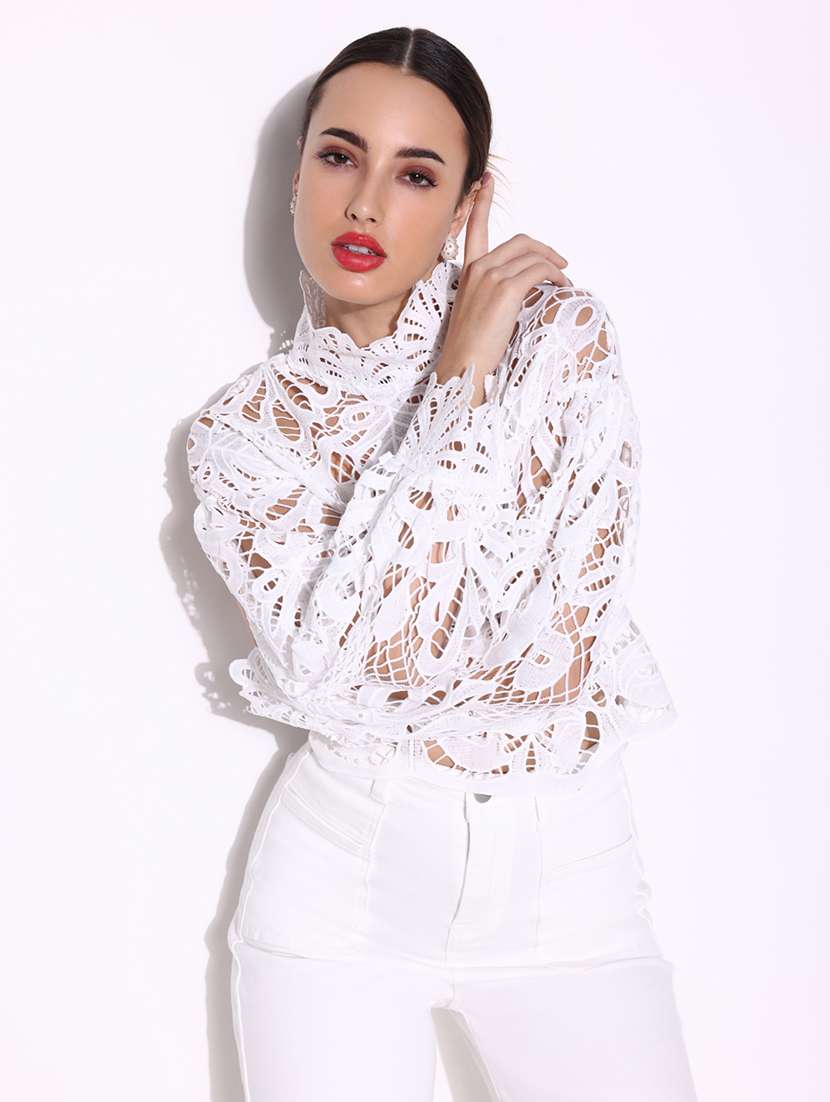 women lace deatiled puff sleeves regular top - 21643414 -  Standard Image - 1