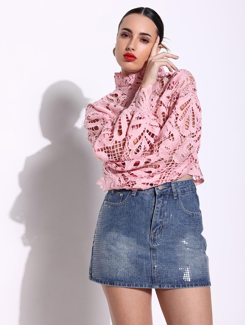 women lace deatiled puff sleeves regular top - 21643418 - Standard Image - 1