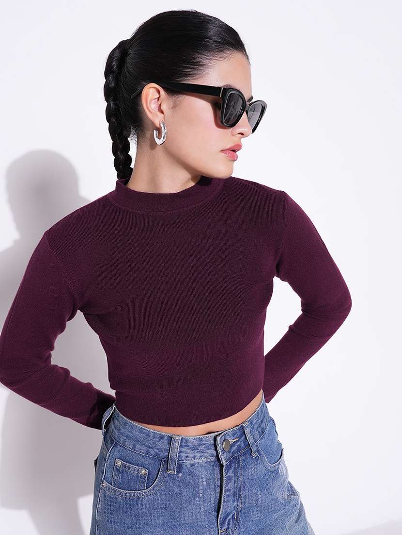 women purple solid long sleeve crop top - 21643439 - Standard Image - 1