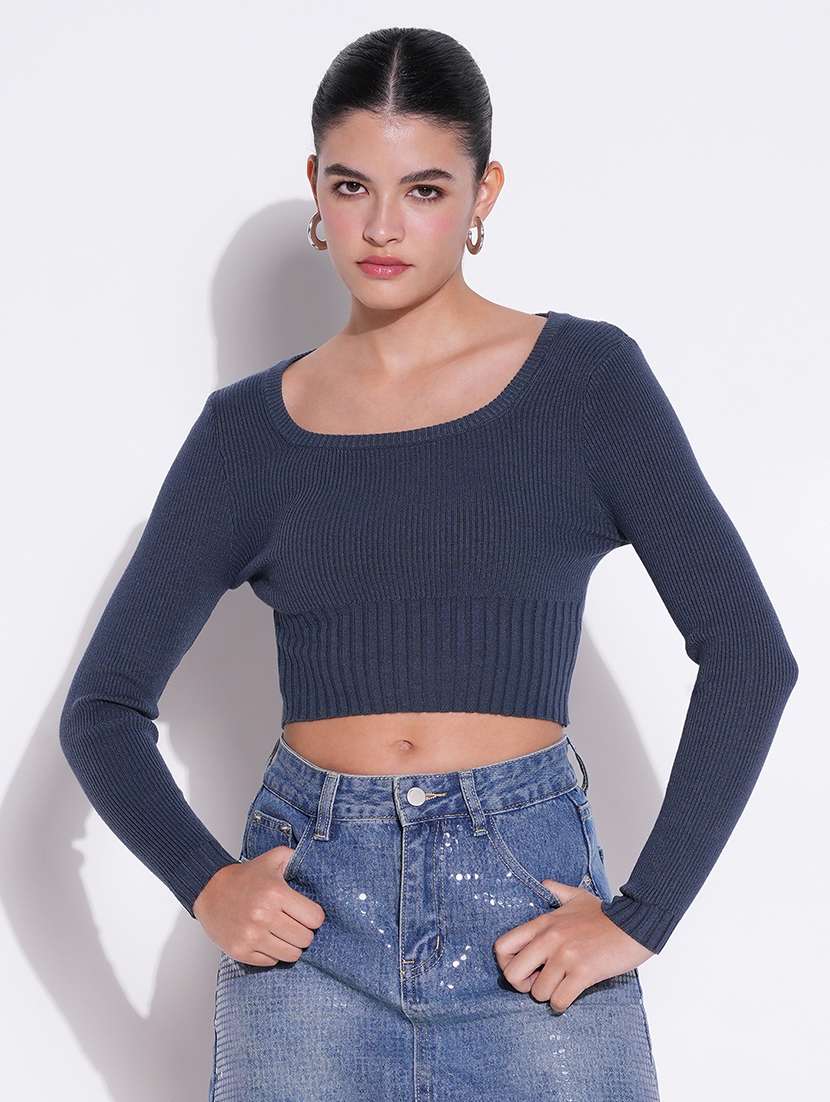 women blue solid long sleeve crop top