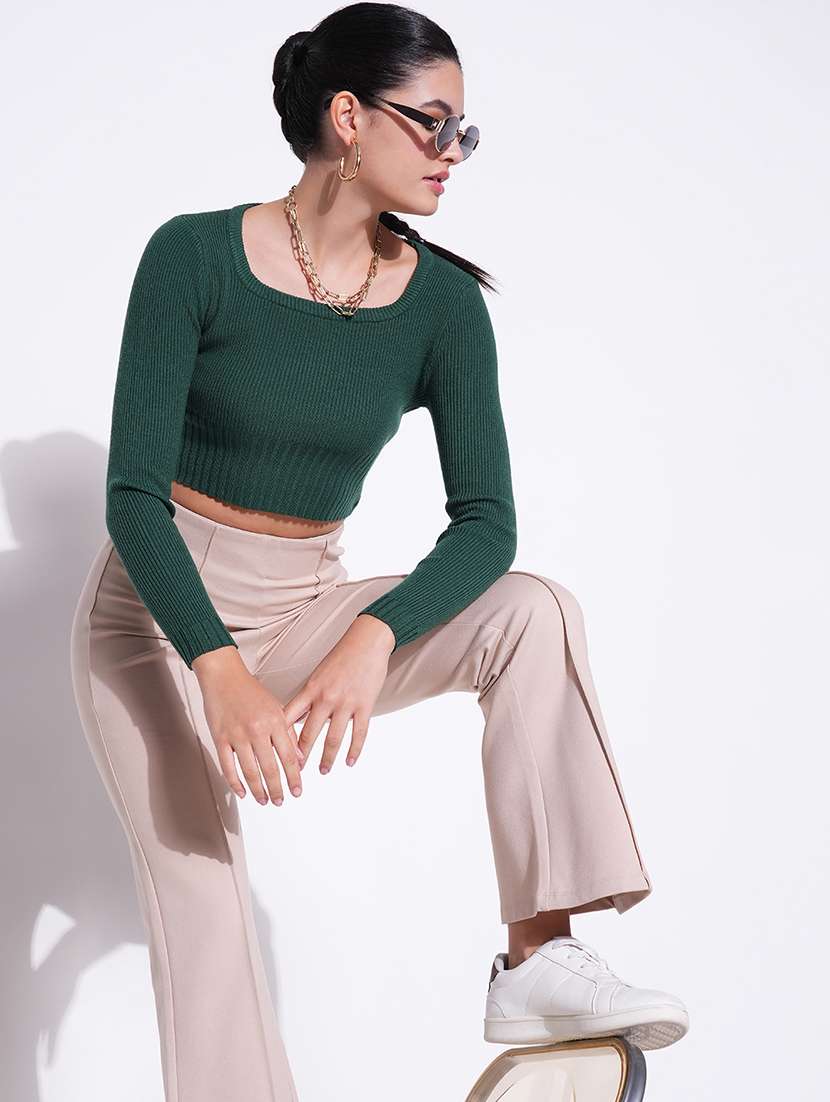 women green solid long sleeve crop top - 21643443 - Standard Image - 1