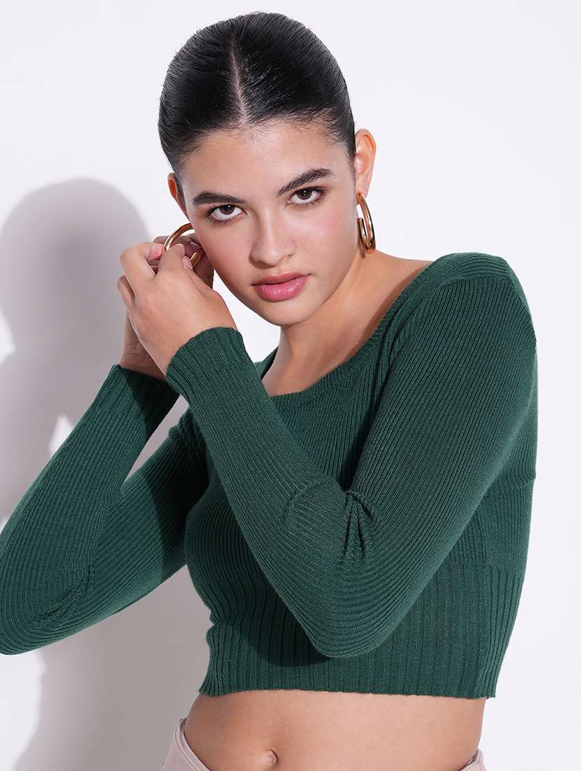 women green solid long sleeve crop top - 21643443 - Standard Image - 6