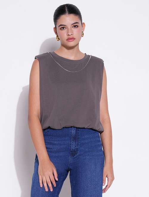 women grey solid sleeveless top - 21643445 - Standard Image - 0