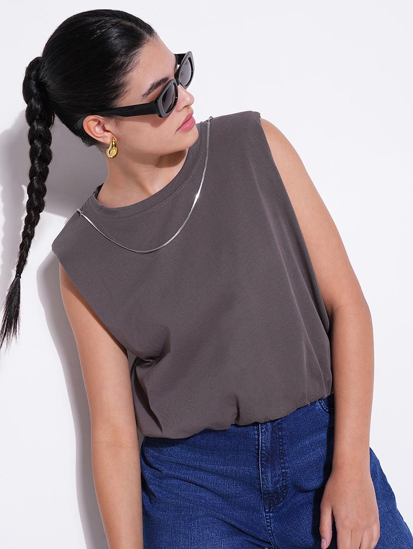 women grey solid sleeveless top - 21643445 - Standard Image - 1
