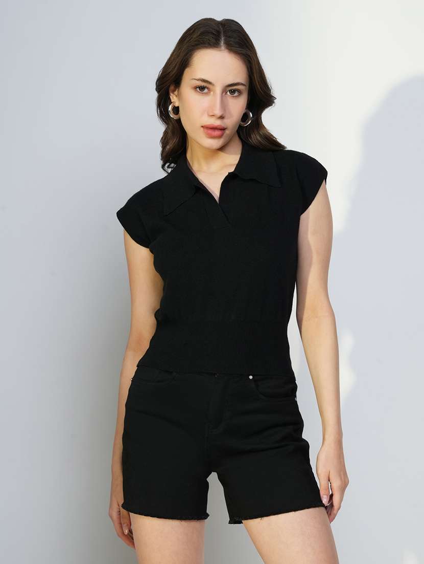 women black solid short sleeves top