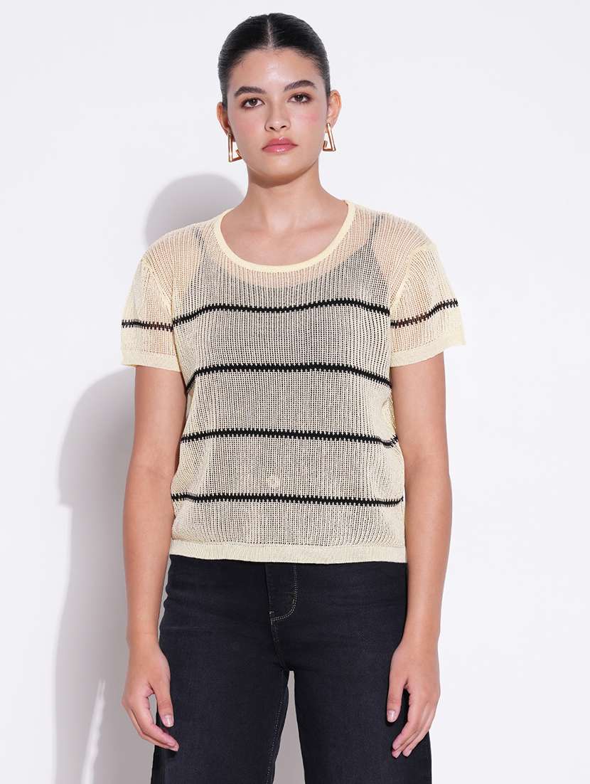 women yellow stripes cap sleeves top