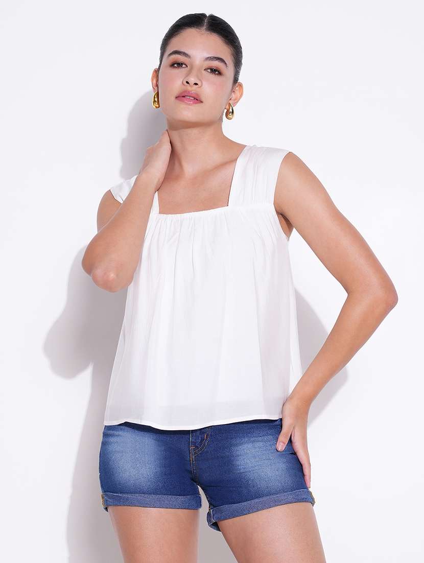 women solid sleevless a-line top