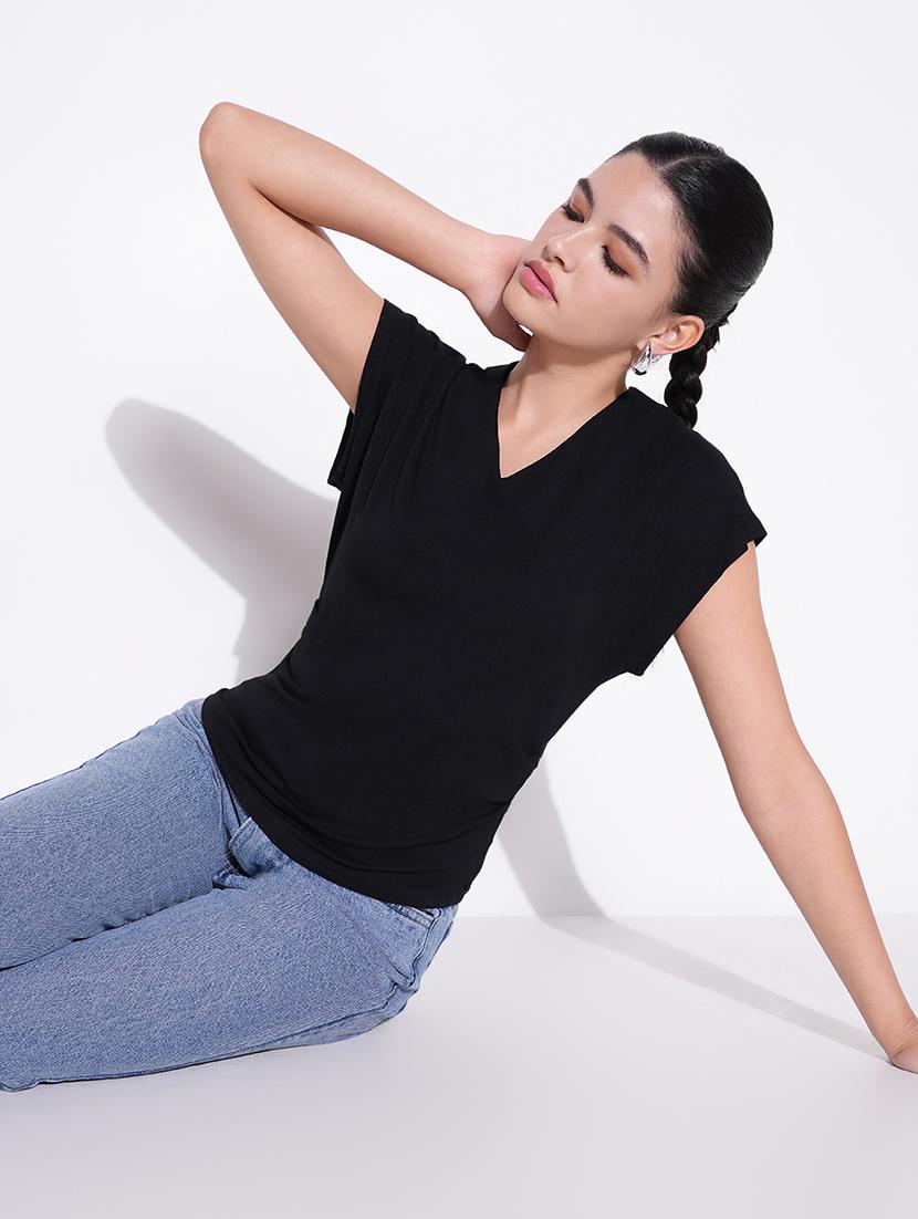 women black solid short sleeves top - 21643461 -  Standard Image - 1