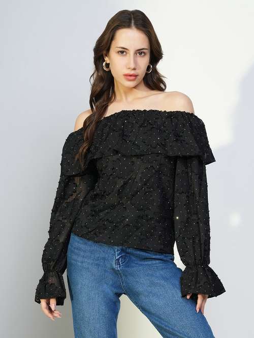 women black off-shoulder neck long sleeve top - 21643471 - Standard Image - 0