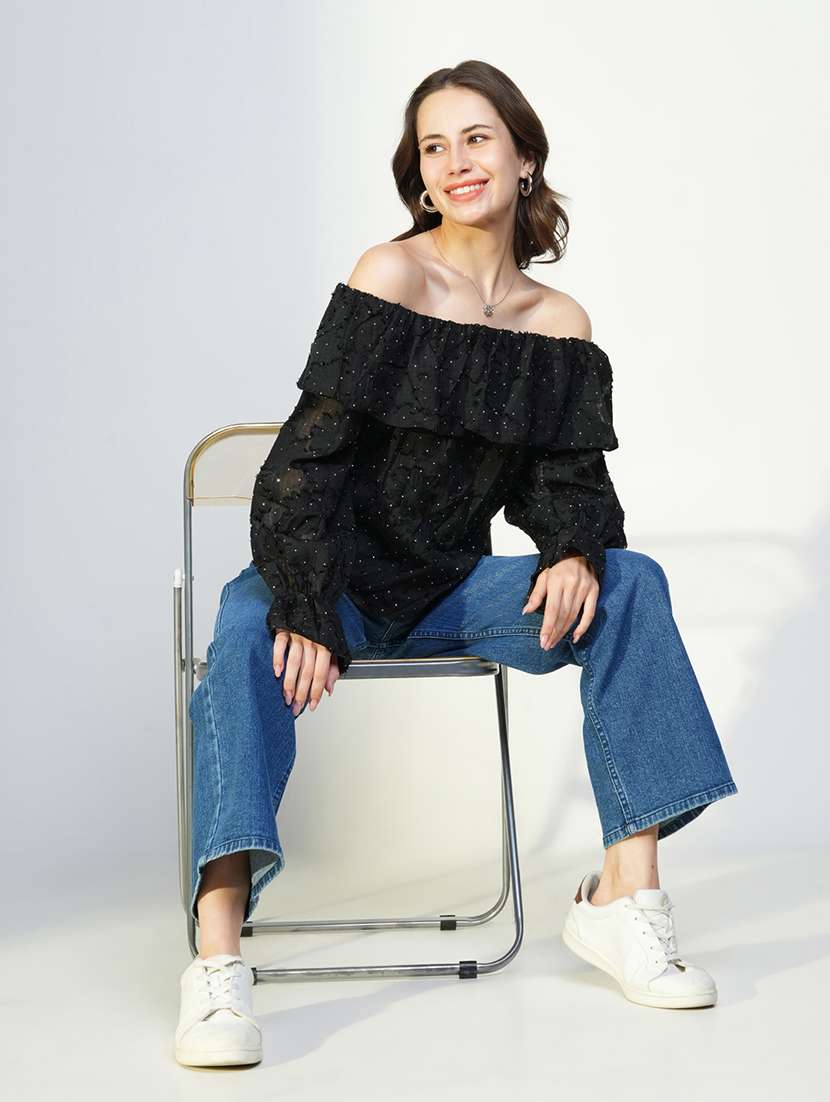 women black off-shoulder neck long sleeve top - 21643471 - Standard Image - 4