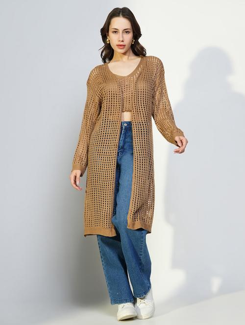 women crochet detailed sleeveless top with long shrug - 21643480 - Standard Image - 0