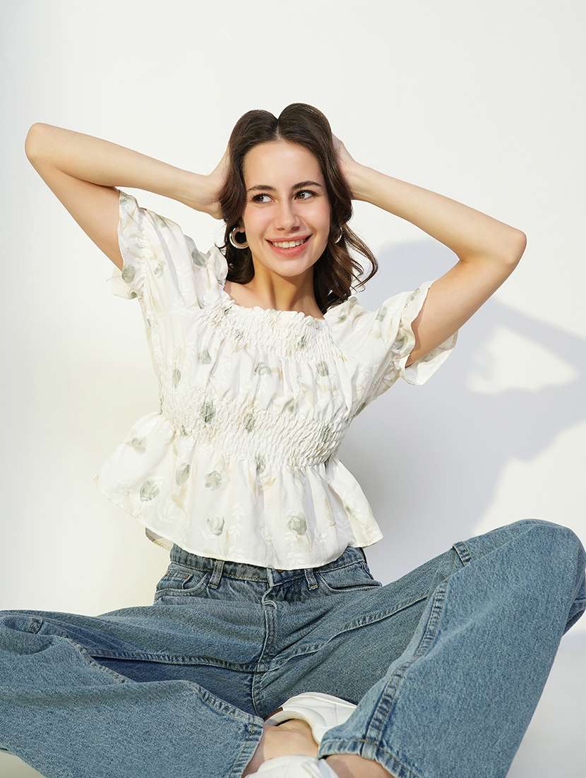 women printed smocked detailed peplum top - 21643488 -  Standard Image - 1