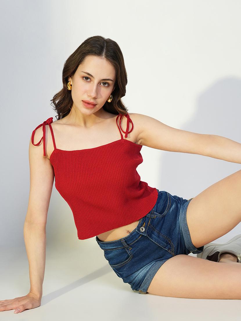 women solid shoulder strap neck top - 21643493 - Standard Image - 1