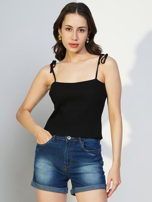 women solid shoulder strap neck top - 21643494 - Standard Image - 0