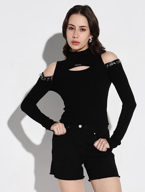 women black solid cold shoulder sleeve top - 21643502 -  Standard Image - 0