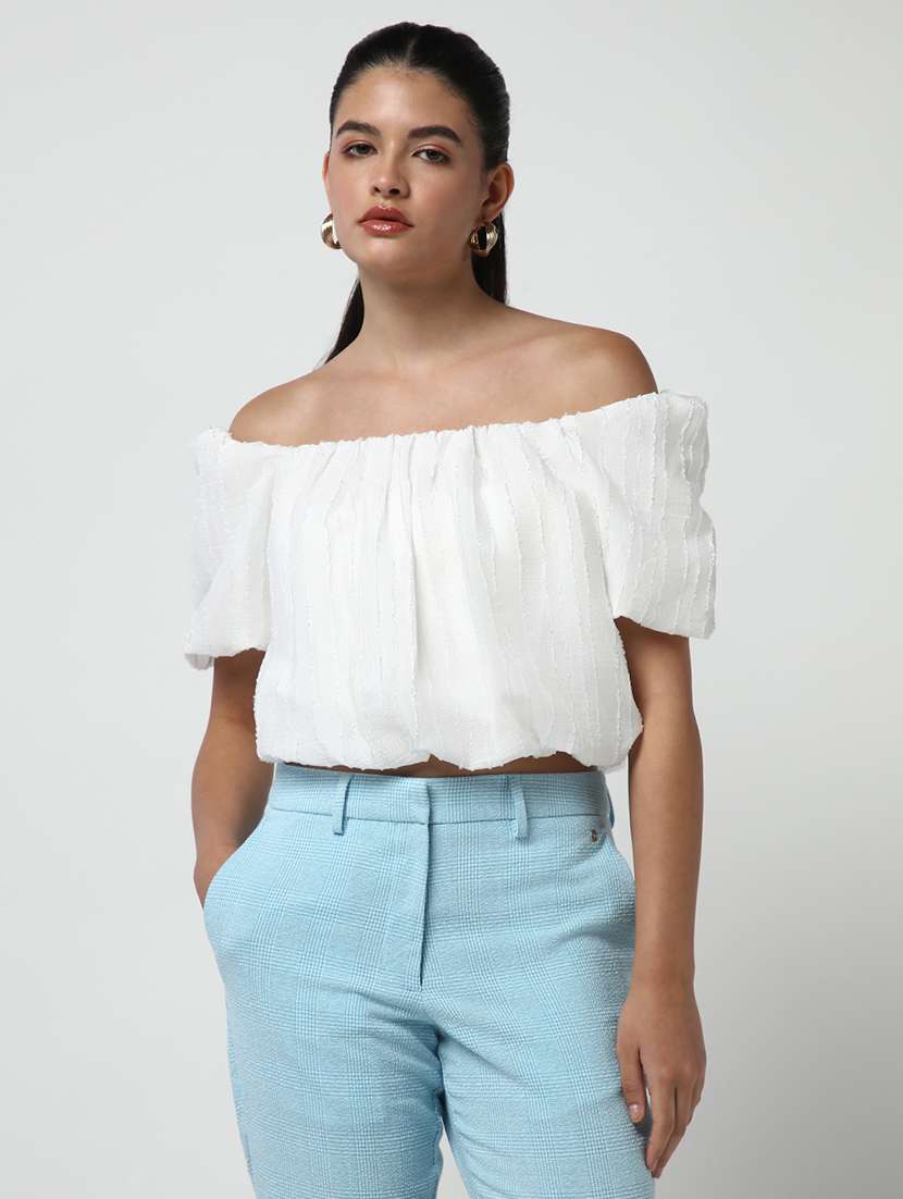 women white solid puff sleeves blouson top