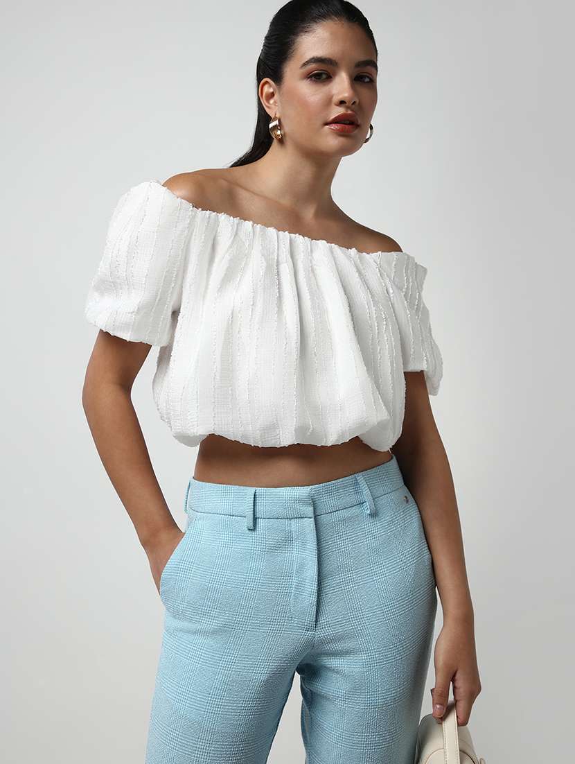 women white solid puff sleeves blouson top - 21643515 -  Standard Image - 1
