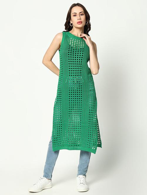 women green solid crochet longline top - 21643527 -  Standard Image - 0
