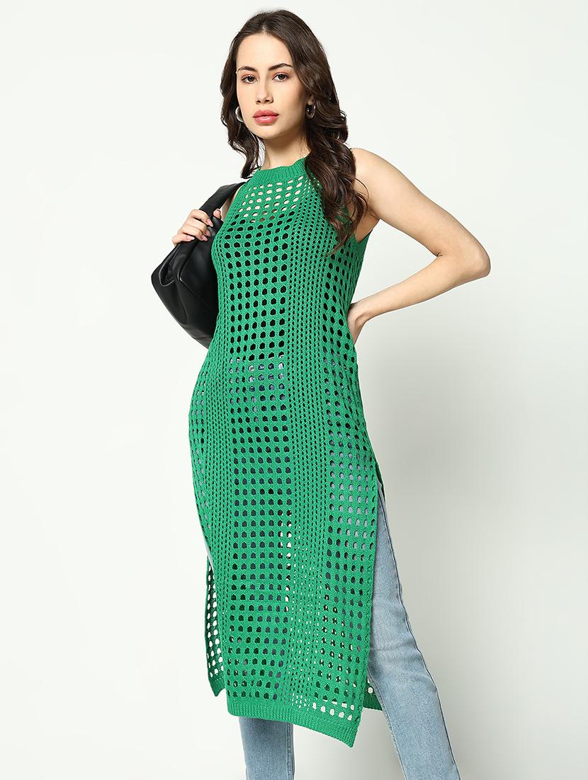 women green solid crochet longline top - 21643527 -  Standard Image - 1