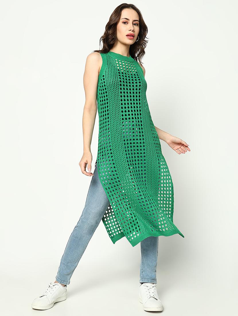 women green solid crochet longline top - 21643527 - Standard Image - 4