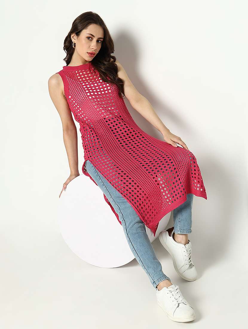 women pink solid crochet longline top - 21643528 -  Standard Image - 1