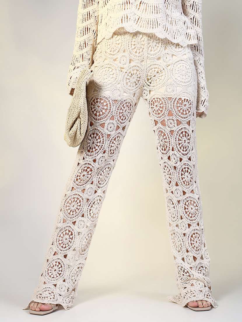  women cream solid crochet full length trouser - 21643536 -  Standard Image - 1