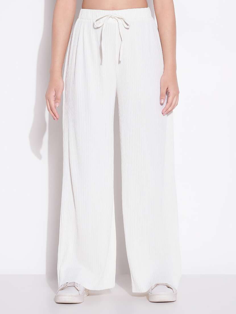 women solid high rise wide leg trouser